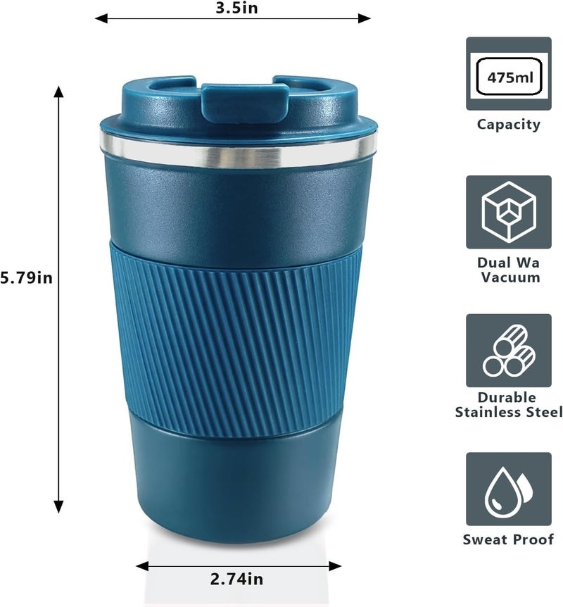 GALV Insulated Travel Coffee Mug Spill Proof Leak Proof Pobtable to Go Camping Stainless Steel Coffee Tumbler Reusable Coffee Cups with Lids Thermos for Hot and Cold Drink 475ml Blue - Image 2