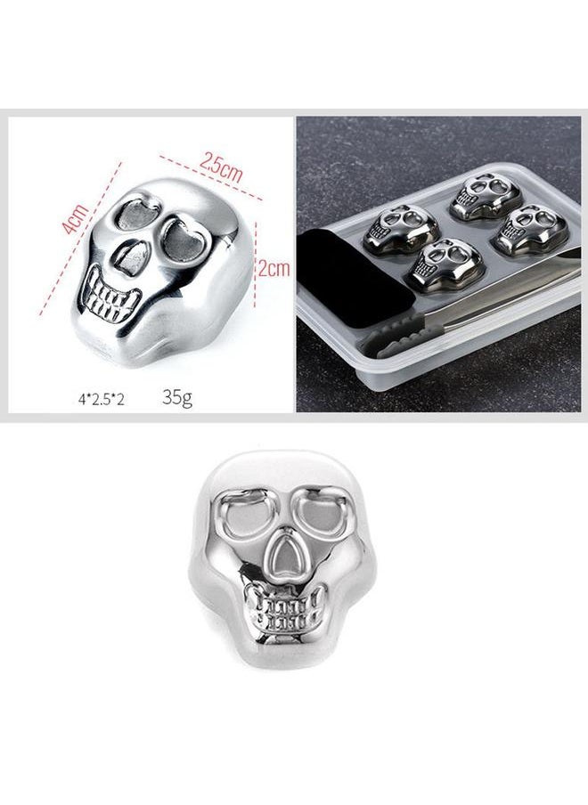 Thoraya - 4 PCS Stainless Steel Skull Head Ice Cube with Silicone Ice Clamp Stainless Steel Ice Cube for Cooling Wine Beverage - Image 1