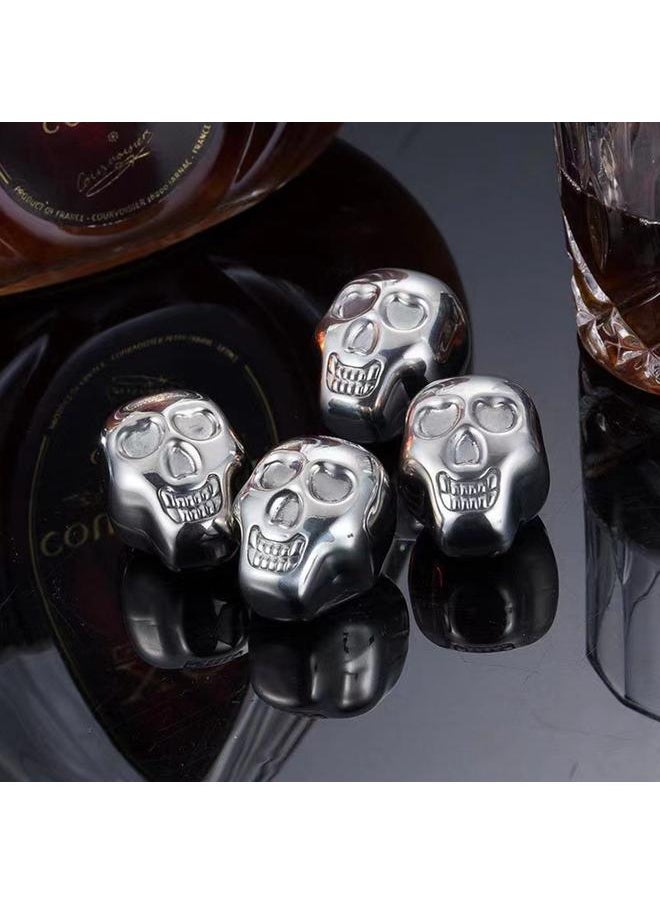 Thoraya - 4 PCS Stainless Steel Skull Head Ice Cube with Silicone Ice Clamp Stainless Steel Ice Cube for Cooling Wine Beverage - Image 1
