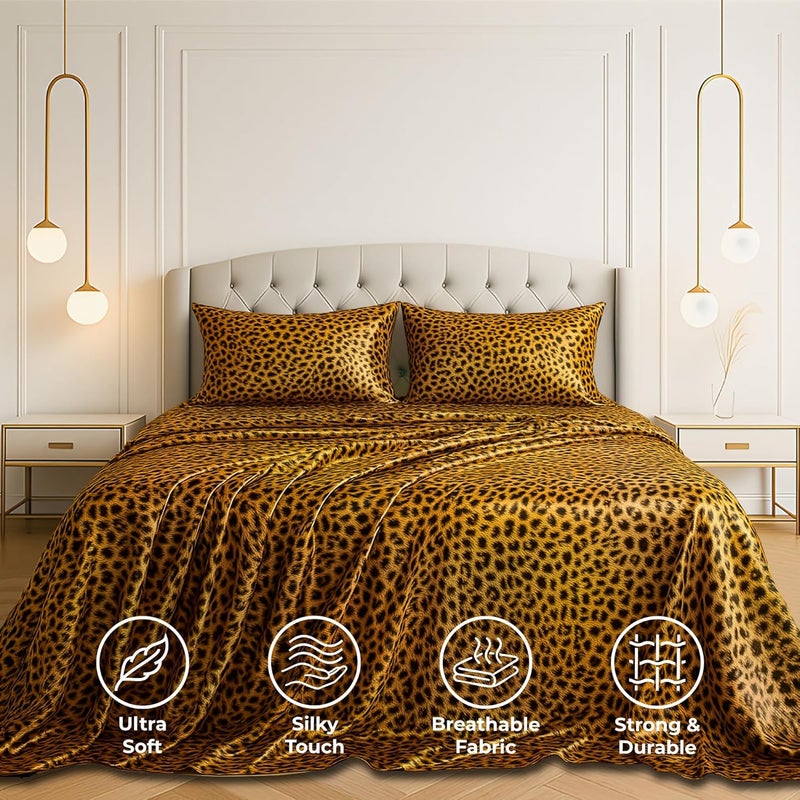 Pure Bedding Satin Sheets Queen [4-Piece, Gold Leopard] Hotel Luxury Silky Bed Sheets - Extra Soft 1800 Microfiber Sheet Set, Wrinkle, Fade, Stain Resistant - Deep Pocket Fitted Sheet, Flat Sheet, Pillow Cases - Image 2