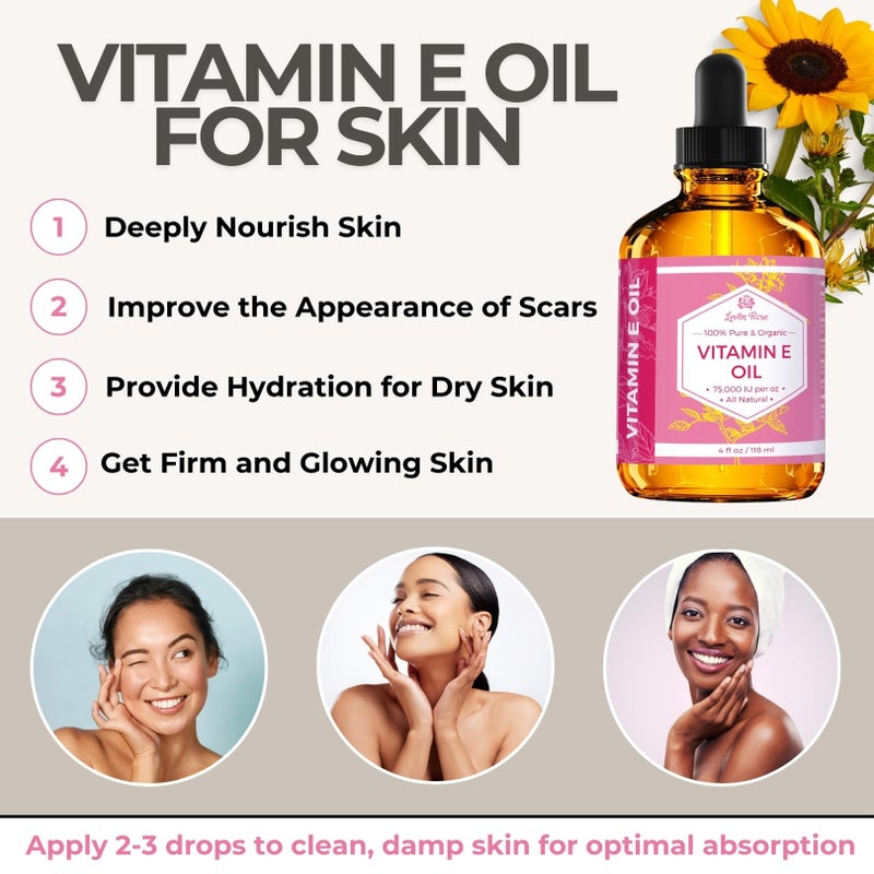 Leven Rose Vitamin E Oil by Leven Rose 75,000 IU per oz 100% Natural, Organic, Pure Vitamin E Oil for Skin, Face, Hair, Nails, and Scars, 4 oz - Image 2