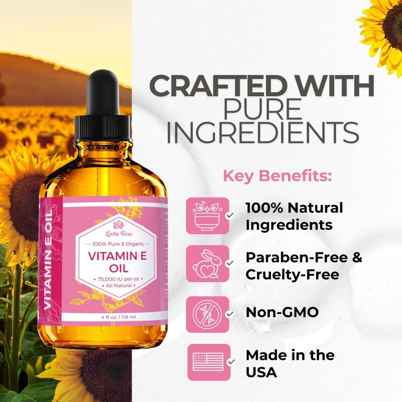 Leven Rose Vitamin E Oil by Leven Rose 75,000 IU per oz 100% Natural, Organic, Pure Vitamin E Oil for Skin, Face, Hair, Nails, and Scars, 4 oz - Image 3
