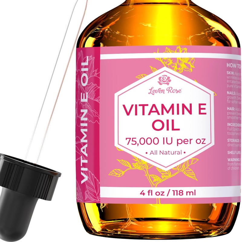 Leven Rose Vitamin E Oil by Leven Rose 75,000 IU per oz 100% Natural, Organic, Pure Vitamin E Oil for Skin, Face, Hair, Nails, and Scars, 4 oz - Image 1