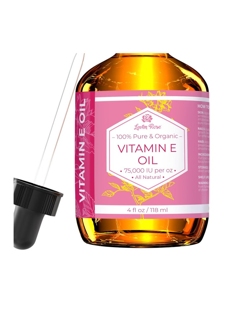 Leven Rose - Vitamin E Oil by Leven Rose 75,000 IU per oz 100% Natural, Organic, Pure Vitamin E Oil for Skin, Face, Hair, Nails, and Scars, 4 oz - Image 1