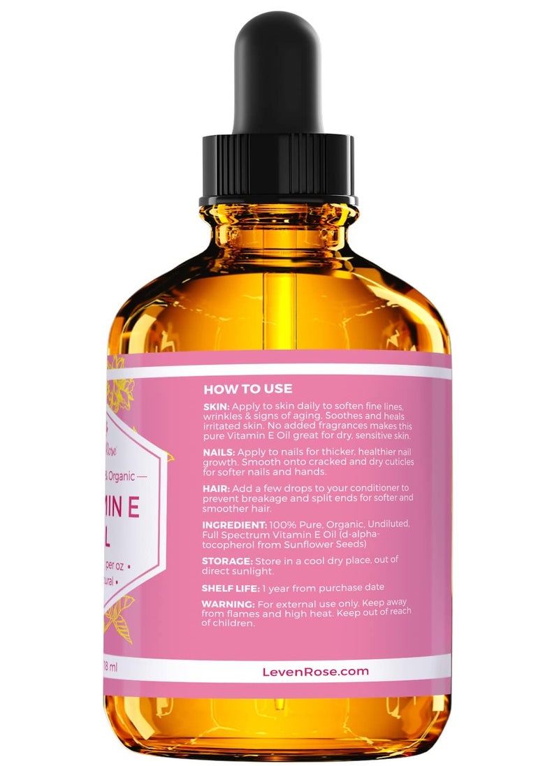 Leven Rose - Vitamin E Oil by Leven Rose 75,000 IU per oz 100% Natural, Organic, Pure Vitamin E Oil for Skin, Face, Hair, Nails, and Scars, 4 oz - Image 1