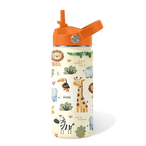 xiiai 16oz Kids Wild Animal Water Bottle with Straw Lid, Stainless Steel Insulated Tumbler, Leakproof, BPA-Free, for Boys & Girls, Travel - Forest Friends Nature Lovers Birthday Gift Cup (1pc) - Image 1