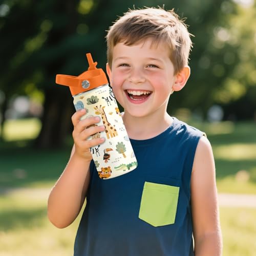 xiiai 16oz Kids Wild Animal Water Bottle with Straw Lid, Stainless Steel Insulated Tumbler, Leakproof, BPA-Free, for Boys & Girls, Travel - Forest Friends Nature Lovers Birthday Gift Cup (1pc) - Image 2
