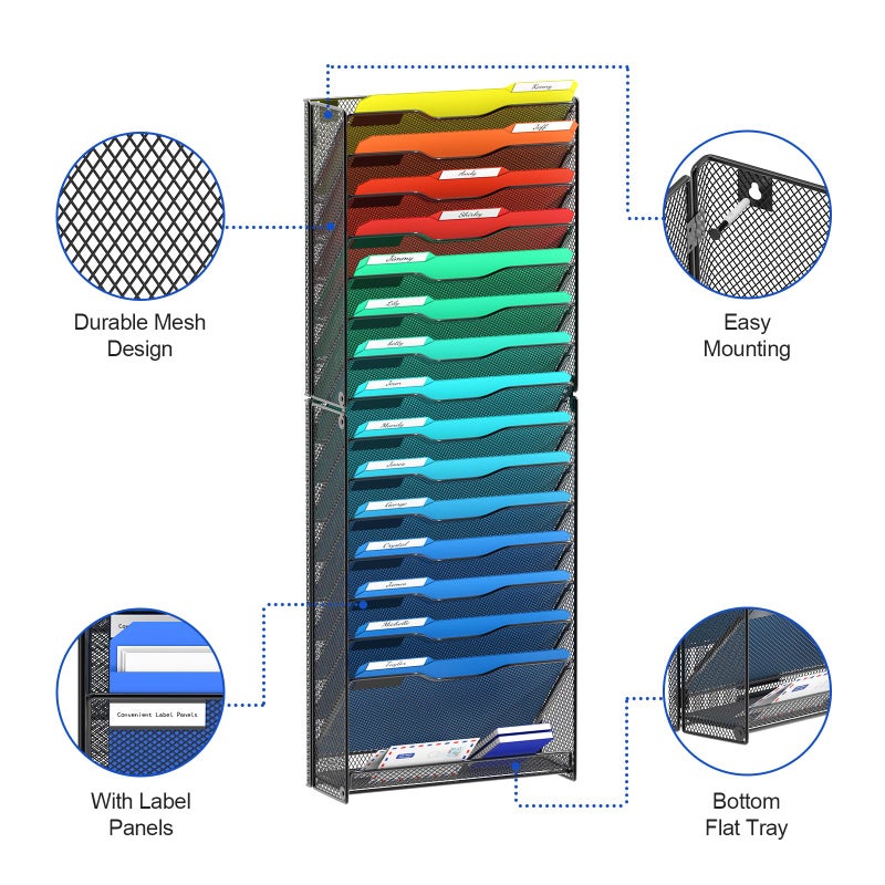 samstar 16 Tier Wall File Organizer Hanging Wall File Holder Wall Mount Paper Folder Organizer, Magazine Rack, Mesh Made,Black - Image 4