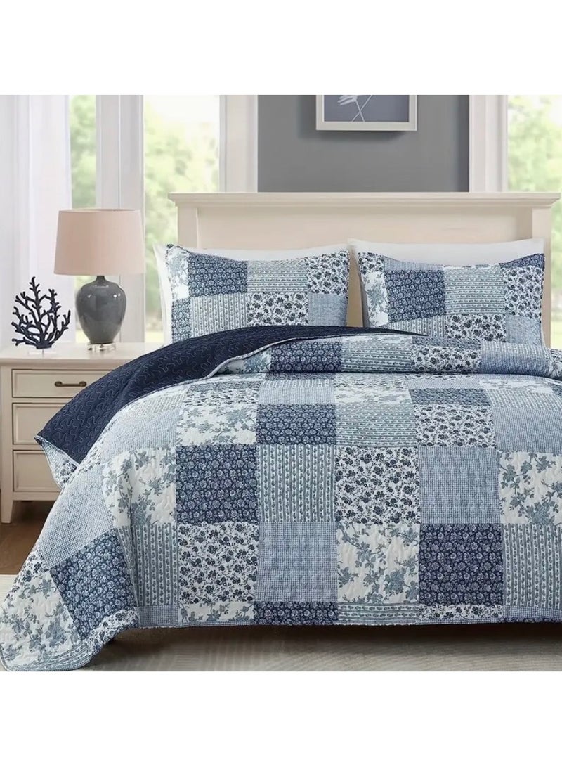 SOLOBUY Pastoral Style Quilt Bedspread Set, 3 Pieces, Queen Size(220cm*240cm), With Pillowcases (Blue, Queen)  - Image 1
