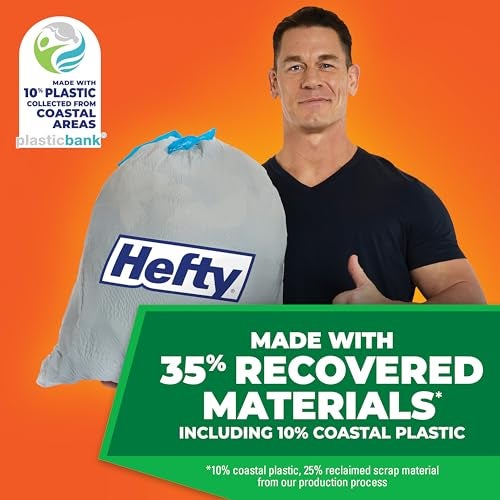 Hefty Ultra Strong 13 Gallon Trash Bags, Tall Kitchen Trash Bags Made with Recovered Materials, Including Coastal Plastic, Drawstring, Resists Leaks and Punctures, Gray, Seaside Breeze Scent, 80 Bags - Image 3