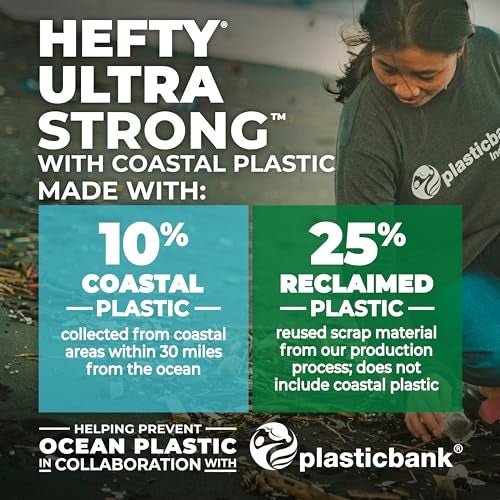 Hefty Ultra Strong 13 Gallon Trash Bags, Tall Kitchen Trash Bags Made with Recovered Materials, Including Coastal Plastic, Drawstring, Resists Leaks and Punctures, Gray, Seaside Breeze Scent, 80 Bags - Image 5