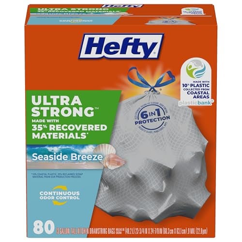 Hefty Ultra Strong 13 Gallon Trash Bags, Tall Kitchen Trash Bags Made with Recovered Materials, Including Coastal Plastic, Drawstring, Resists Leaks and Punctures, Gray, Seaside Breeze Scent, 80 Bags - Image 1