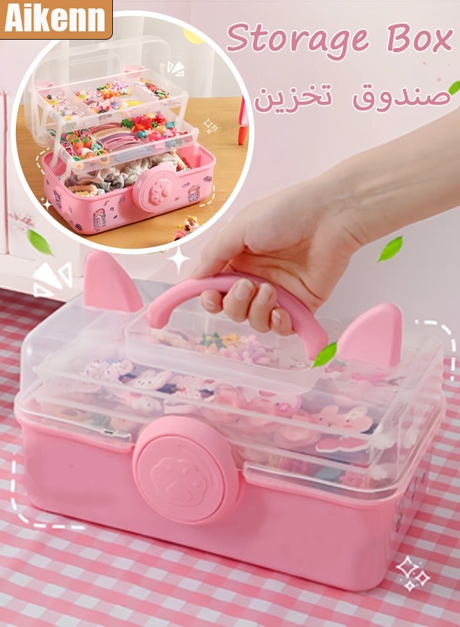 Aikenn Hair Accessories Storage Box Hair Rope Necklace Storage Box Cosmetics Storage Box Large Capacity Transparent Storage Box Layered Desktop Storage Box Kids Hair Accessories Storage Box Pink Cat's Paw - Image 1