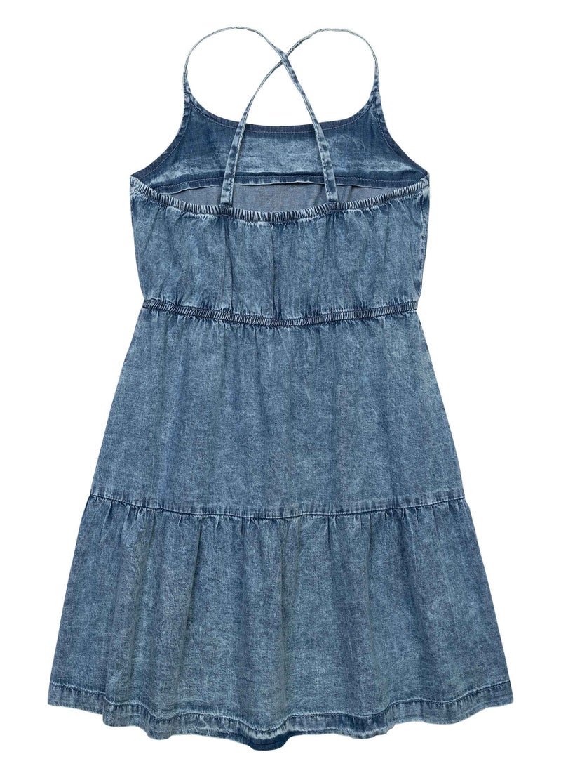 مينوتي فستان دنيم بناتي أطفال بحمالات متقاطعة وتنورة بطبقات - Image 2