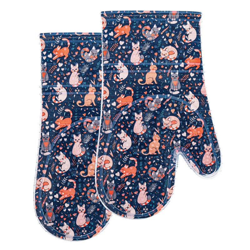 RED LMLDETA Oven Mitts Set of 2 with Transparent Clear Silicone Shell and Nice cat Printing Cotton Lining, Heat Resistant to 500 F Kitchen Oven Gloves Pot Holder for Cooking (Navy, Cat, Oven Mitts) - Image 1