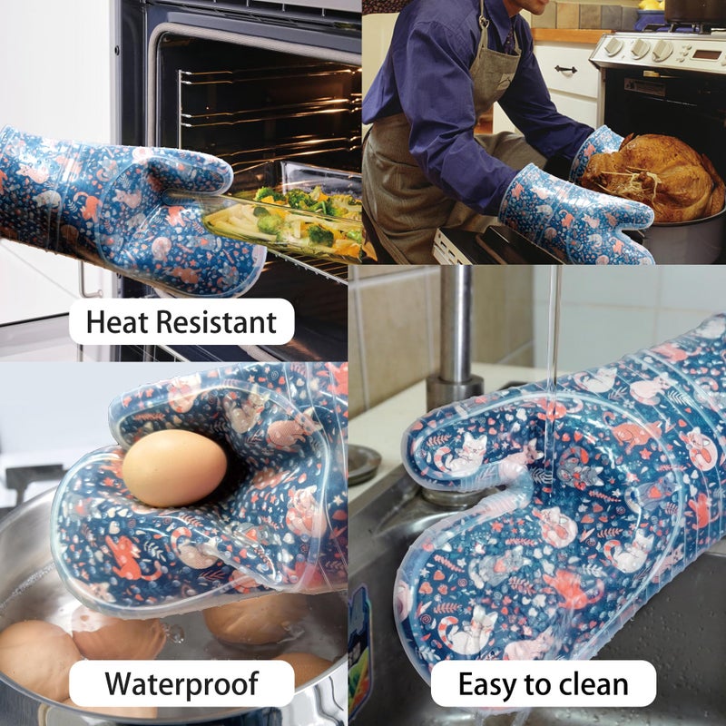 RED LMLDETA Oven Mitts Set of 2 with Transparent Clear Silicone Shell and Nice cat Printing Cotton Lining, Heat Resistant to 500 F Kitchen Oven Gloves Pot Holder for Cooking (Navy, Cat, Oven Mitts) - Image 5
