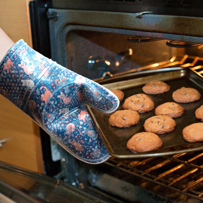 RED LMLDETA Oven Mitts Set of 2 with Transparent Clear Silicone Shell and Nice cat Printing Cotton Lining, Heat Resistant to 500 F Kitchen Oven Gloves Pot Holder for Cooking (Navy, Cat, Oven Mitts) - Image 3