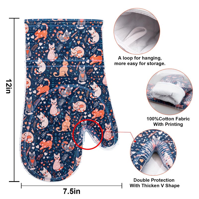 RED LMLDETA Oven Mitts Set of 2 with Transparent Clear Silicone Shell and Nice cat Printing Cotton Lining, Heat Resistant to 500 F Kitchen Oven Gloves Pot Holder for Cooking (Navy, Cat, Oven Mitts) - Image 2