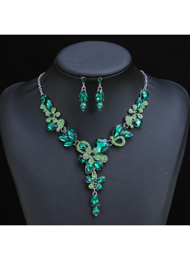 Spring New European And American Retro Necklace Earrings Two-piece Flower Crystal Double Flower