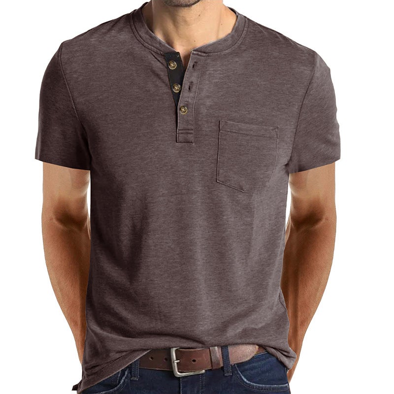 New Foreign Trade Men''s Summer Henry Men''s Short-sleeved T-shirt Solid Color and Men''s T-shirt - Image 1