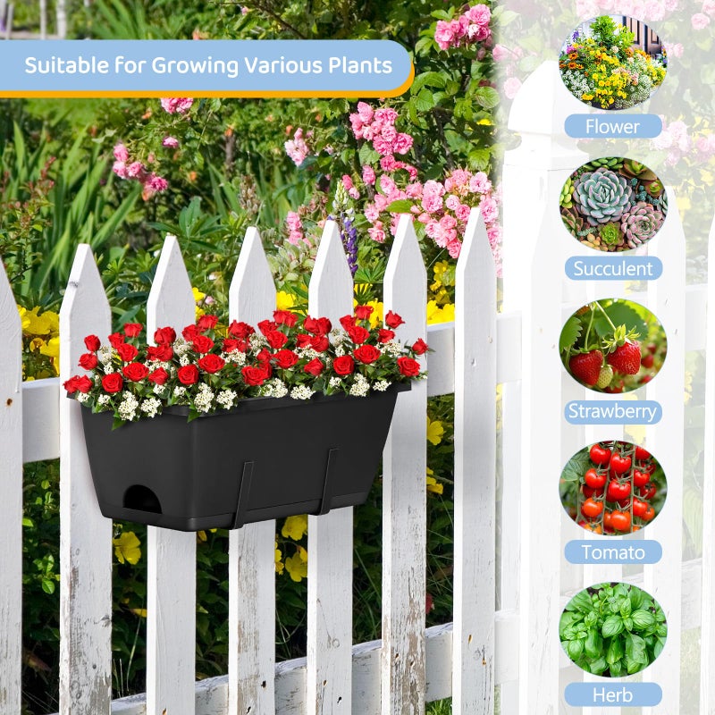 smusei 4 Pack Window Boxes Planters 17â€™â€™ Railing Planter Box with Adjustable Brackets, Deck Railing Hanging Flower Pots Rectangular Herb Planter for Outdoor Fence Garden, Balcony Decor - Image 2