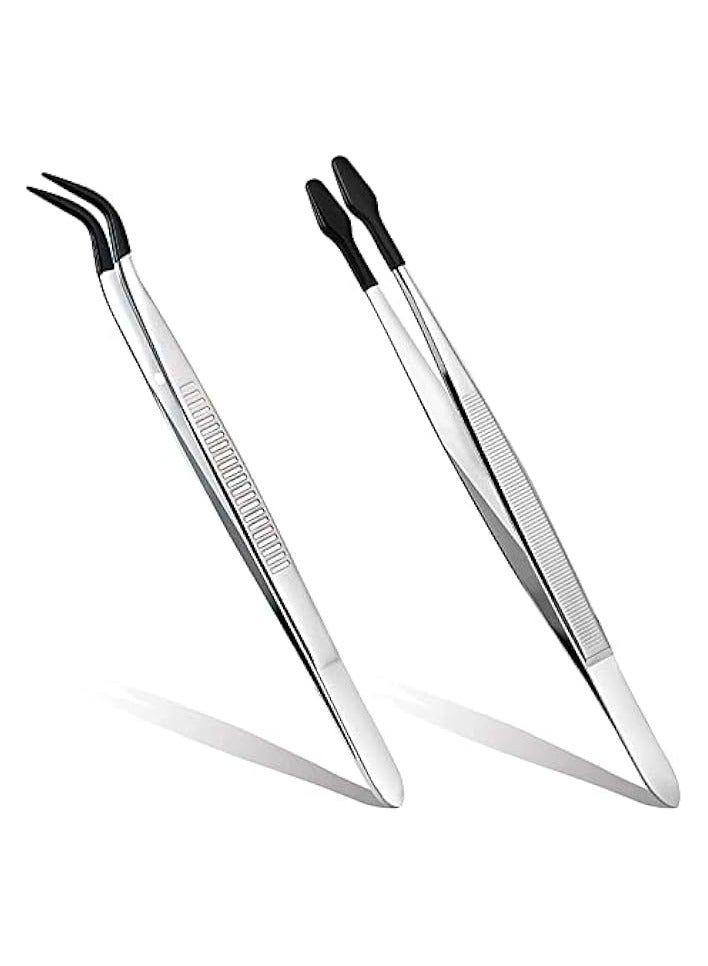 PROMASS Precise Tweezers with Rubber Tips Set PVC Rubber Coated Tips Bent and Straight Flat Tip Tweezers Stamp Coins Jewelry Hobby Crafts Industrial Electronic Tweezers Tools (2PCS，Silver) - Image 1