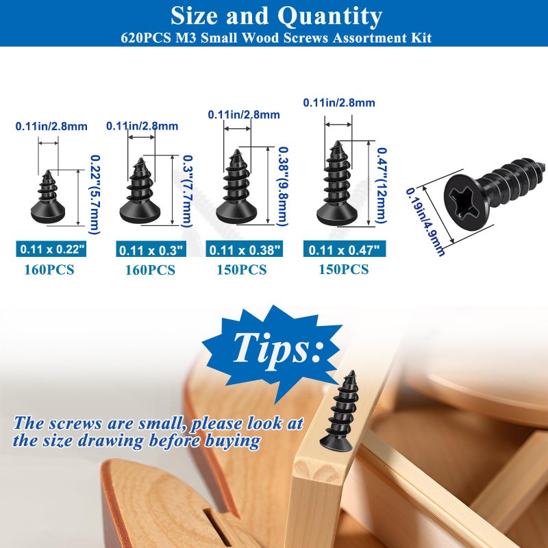 Sunxeke 620PCS M3 Small Wood Screws Assortment Kit,Phillips Drive Flat Head Self-Tapping Screws, Black Short Screws Set for Furniture Maintenance, DIY Technology - Image 2