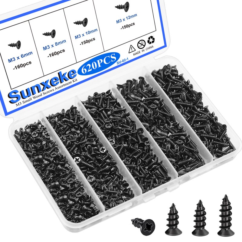 Sunxeke 620PCS M3 Small Wood Screws Assortment Kit,Phillips Drive Flat Head Self-Tapping Screws, Black Short Screws Set for Furniture Maintenance, DIY Technology - Image 1