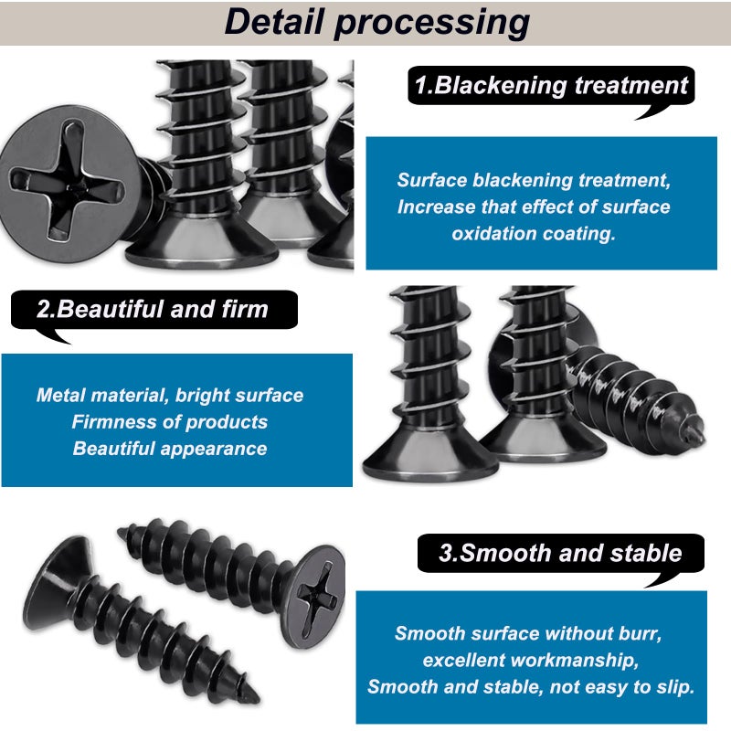 Sunxeke 620PCS M3 Small Wood Screws Assortment Kit,Phillips Drive Flat Head Self-Tapping Screws, Black Short Screws Set for Furniture Maintenance, DIY Technology - Image 4