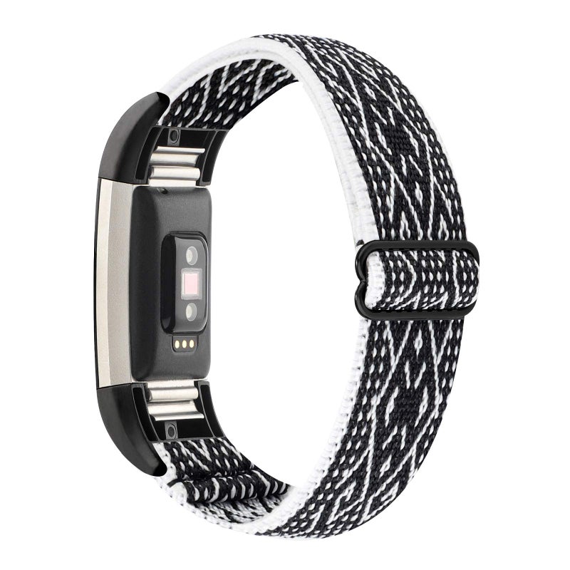 YONWORTH Adjustable Elastic Watch Band Compatible with Fitbit Charge 2 Bands, Stretchy Nylon Loop Strap Soft Wrist Bands Bracelet Sport Replacement for Women Men (Black White) - Image 1