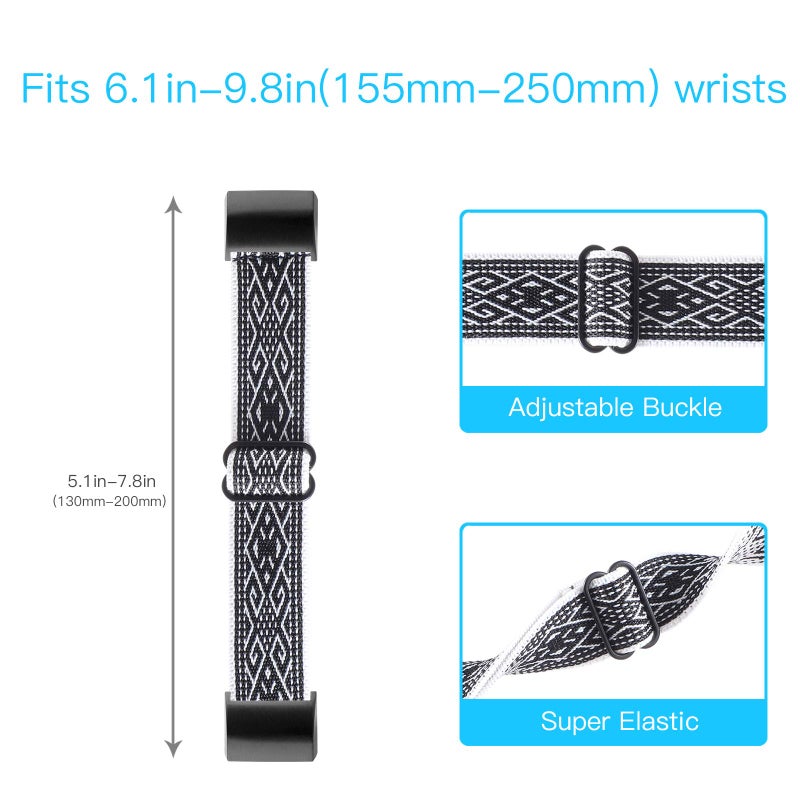 YONWORTH Adjustable Elastic Watch Band Compatible with Fitbit Charge 2 Bands, Stretchy Nylon Loop Strap Soft Wrist Bands Bracelet Sport Replacement for Women Men (Black White) - Image 5