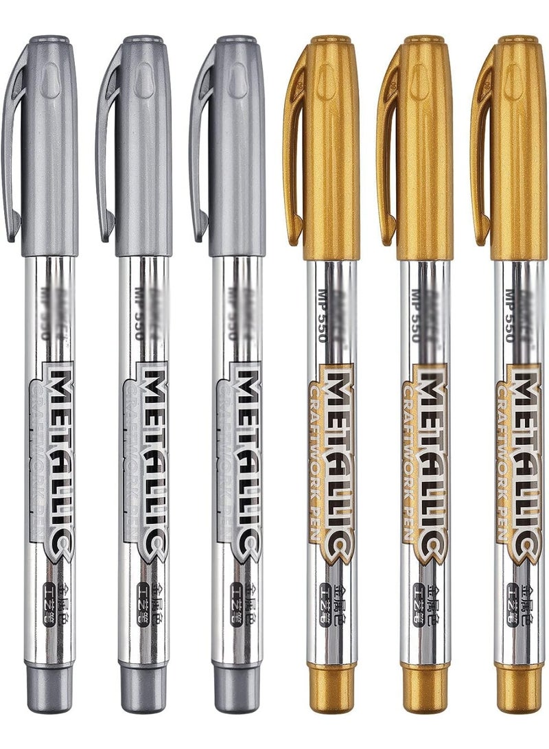 BAOKE 6 Pcs Metallic Paint Marker Pens, Gold and Silver Metallic Permanent Markers, Painting Pens for Scrapbooking, Fabric, DIY Photo Album, Gift Card, Signature, Artist Illustration (3 Gold, 3 Silver) - Image 1