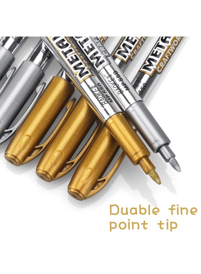 BAOKE 6 Pcs Metallic Paint Marker Pens, Gold and Silver Metallic Permanent Markers, Painting Pens for Scrapbooking, Fabric, DIY Photo Album, Gift Card, Signature, Artist Illustration (3 Gold, 3 Silver) - Image 3