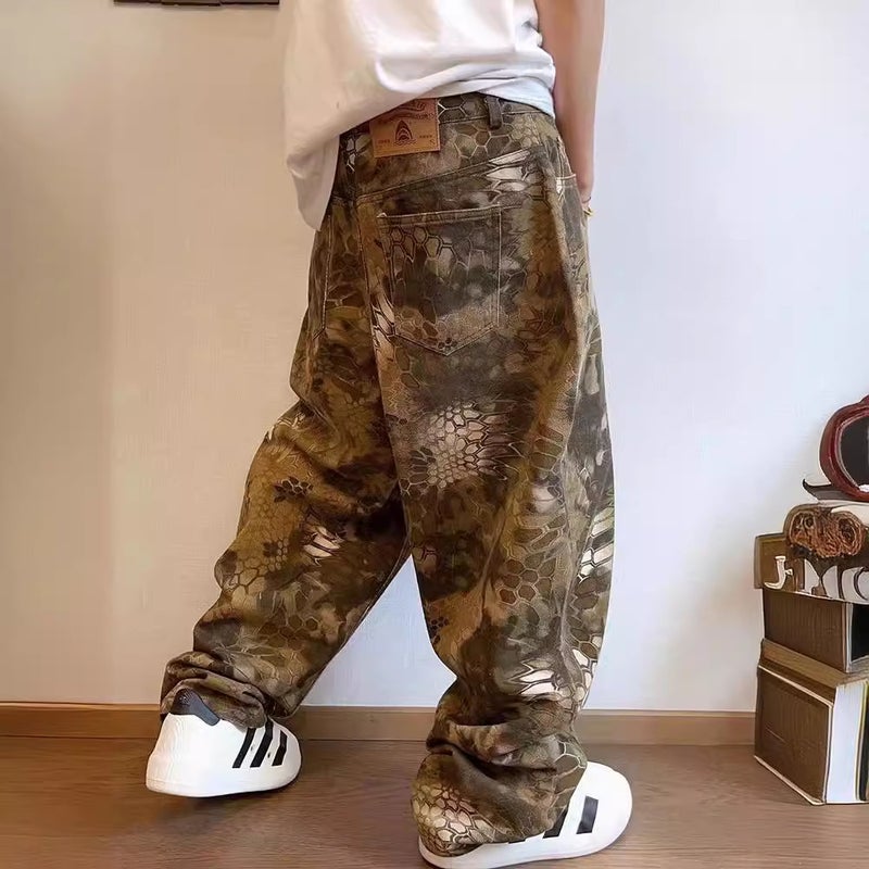 Waste Soil Style Snake Pattern Camouflage Pants American Style Retro Style Pants Vintage Loose Wide Leg Pants Men'S Fashion Leopard Print Pants - Image 2