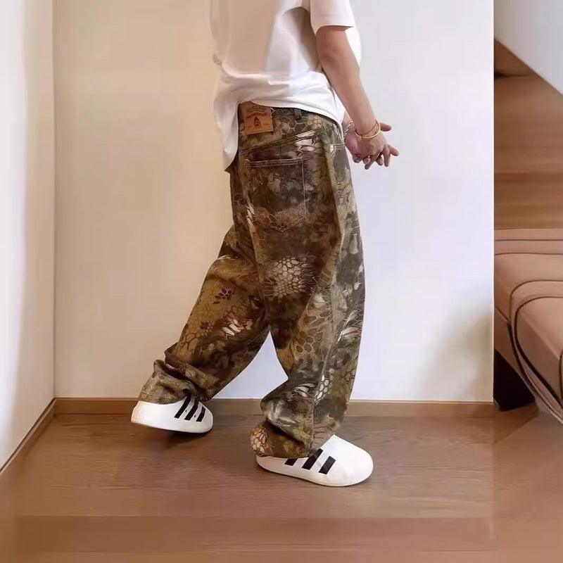Waste Soil Style Snake Pattern Camouflage Pants American Style Retro Style Pants Vintage Loose Wide Leg Pants Men'S Fashion Leopard Print Pants - Image 3
