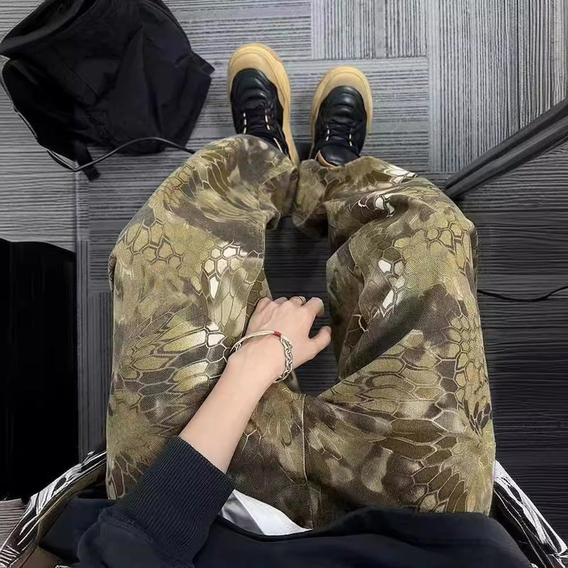Waste Soil Style Snake Pattern Camouflage Pants American Style Retro Style Pants Vintage Loose Wide Leg Pants Men'S Fashion Leopard Print Pants - Image 4