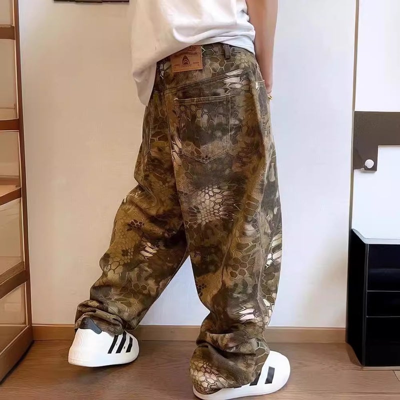 Waste Soil Style Snake Pattern Camouflage Pants American Style Retro Style Pants Vintage Loose Wide Leg Pants Men'S Fashion Leopard Print Pants - Image 1