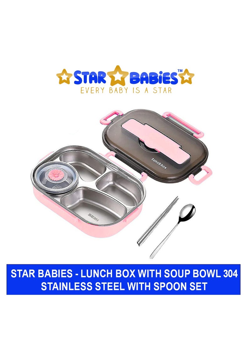 Star Babies Bento box with Soup Bowl 304 Stainless Steel with Spoon,Thermal Insulation Bento lunch box 4 Compartments Lunch Container Food-Safe Materials and Leak-proof -Pink - Image 2