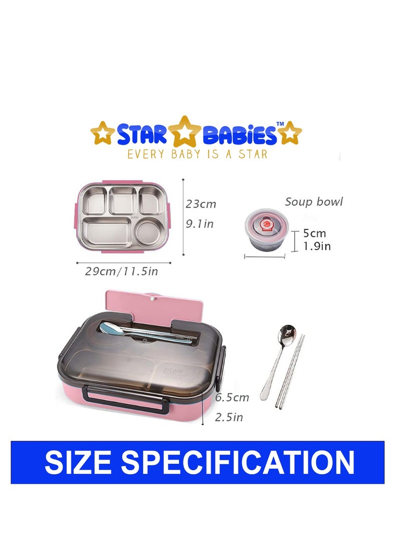 Star Babies Bento box with Soup Bowl 304 Stainless Steel with Spoon,Thermal Insulation Bento lunch box 4 Compartments Lunch Container Food-Safe Materials and Leak-proof -Pink - Image 3