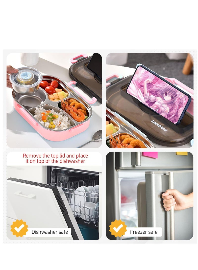 Star Babies Bento box with Soup Bowl 304 Stainless Steel with Spoon,Thermal Insulation Bento lunch box 4 Compartments Lunch Container Food-Safe Materials and Leak-proof -Pink - Image 5