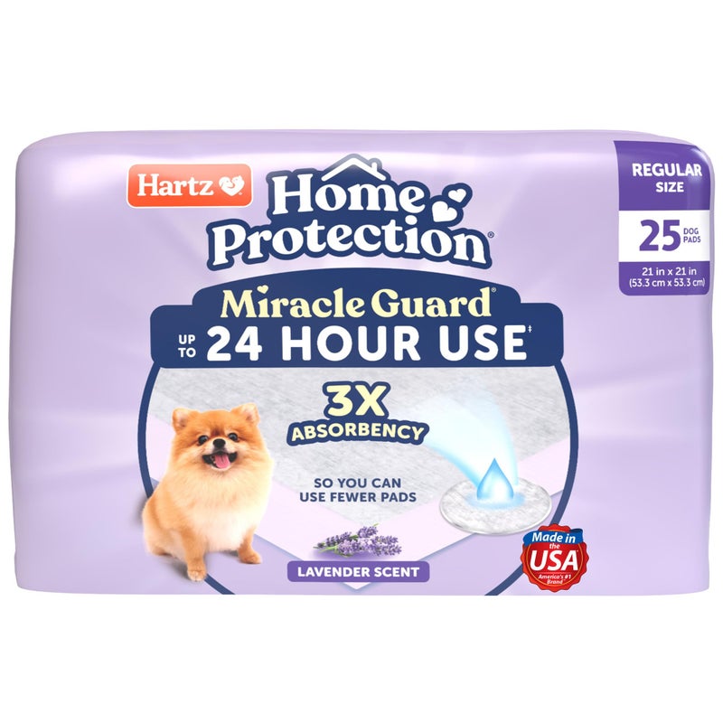 Hartz Miracle Guard Dog and Puppy Dog Pads Max Absorbency 24 Hour Use Odor Eliminating Lavender Scented No Leaks, Regular Size 25 Count - Image 1