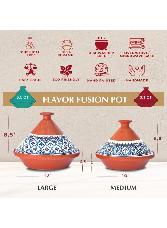 Kamsah Tagine Pot For Cooking And Flavor Enrichment - Medium Clay 10”, 3.1 Qt Non-Stick Handmade Cookware Moroccan Ceramic Pots With Lid & Serving Bowl Bohemian Classic Turquoise - Image 3