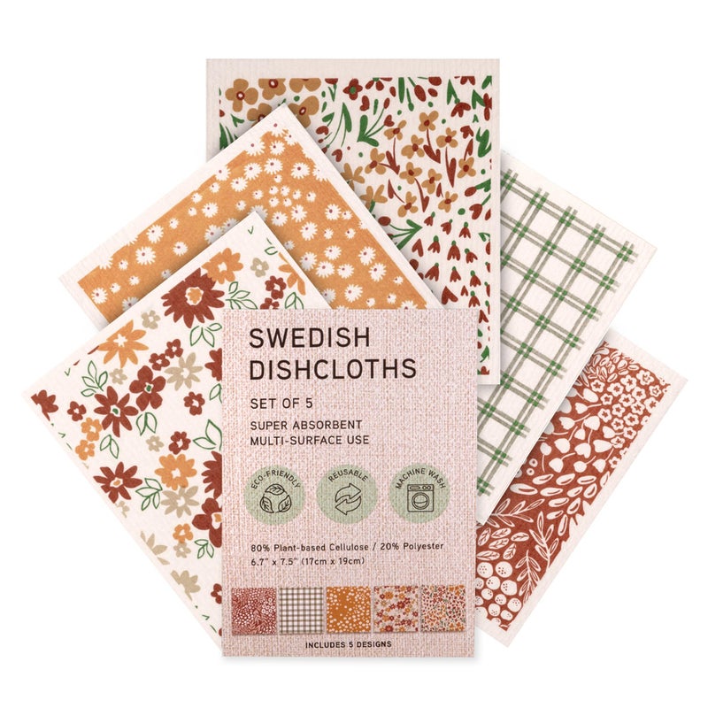 MosJos Swedish Dishcloths, Vintage Plant-Based Cellulose, 6.7x7.5 Inch, Super Absorbent, Multi-Surface, Machine Washable, Reusable, 5 Pack (Rust Green Burgundy) - Image 1