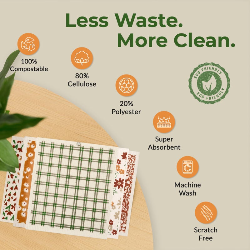MosJos Swedish Dishcloths, Vintage Plant-Based Cellulose, 6.7x7.5 Inch, Super Absorbent, Multi-Surface, Machine Washable, Reusable, 5 Pack (Rust Green Burgundy) - Image 5