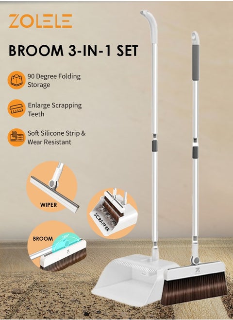 Versatille 3-in-1 Set Broom, Scraper with Dustpan 25mm Scraping Teeth, Soft & Wear-Resistant Silicon Strip with  90 Degree Folding Storage Lock Up Trash and 180 Degree Flexible Broom Head Rotation C3 - White