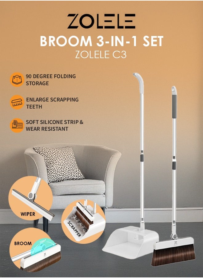Versatille 3-in-1 Set Broom, Scraper with Dustpan 25mm Scraping Teeth, Soft & Wear-Resistant Silicon Strip with  90 Degree Folding Storage Lock Up Trash and 180 Degree Flexible Broom Head Rotation C3 - White