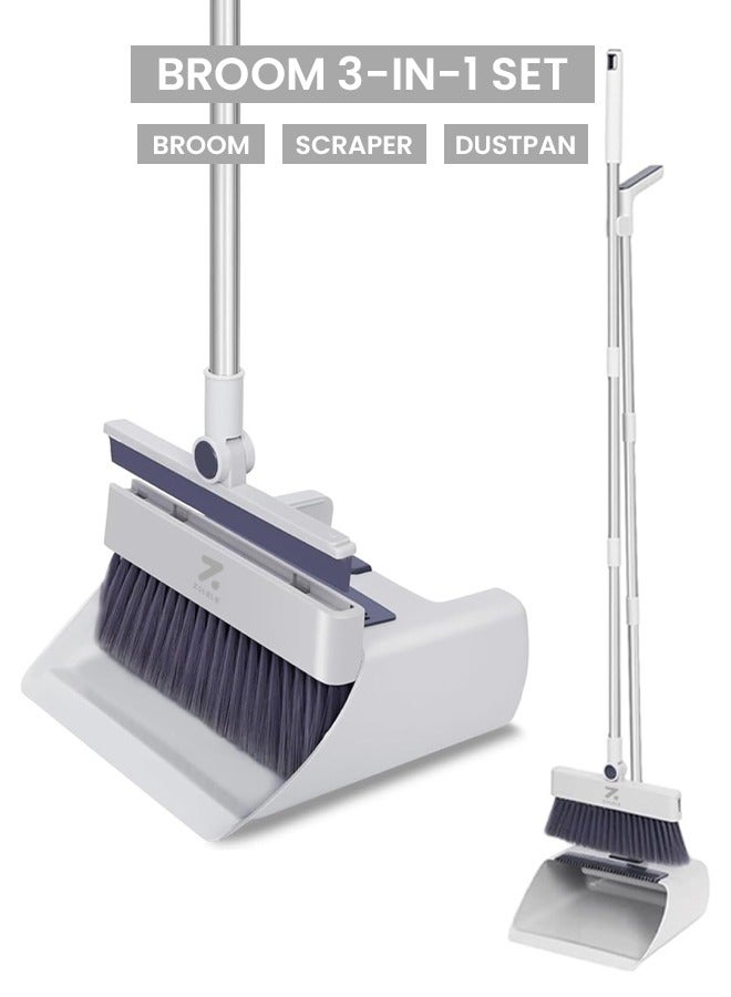 ZOLELE Versatille 3-in-1 Set Broom, Scraper with Dustpan 25mm Scraping Teeth, Soft & Wear-Resistant Silicon Strip with  90 Degree Folding Storage Lock Up Trash and 180 Degree Flexible Broom Head Rotation C3 - White - Image 1
