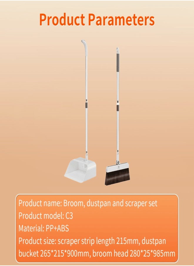 Versatille 3-in-1 Set Broom, Scraper with Dustpan 25mm Scraping Teeth, Soft & Wear-Resistant Silicon Strip with  90 Degree Folding Storage Lock Up Trash and 180 Degree Flexible Broom Head Rotation C3 - White