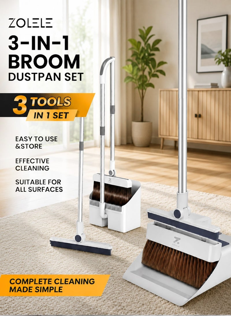 ZOLELE 3-in-1 Set Broom, Scraper with Dustpan 25mm Scraping Teeth, Soft & Wear-Resistant Silicon Strip with 90 Degree Folding Storage Lock Up Trash and 180 Degree Flexible Broom Head Rotation C3 - White - Image 1