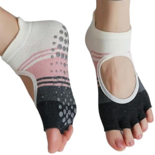 XFyt Anti-Slip Open Toe Yoga Ankle Length Socks for Women | Breathable Silver Ion Microbial Odour-Free Cotton Spandex Socks | Skid-Resistant for Home Workout Dance Pilates (Pink) - Image 1